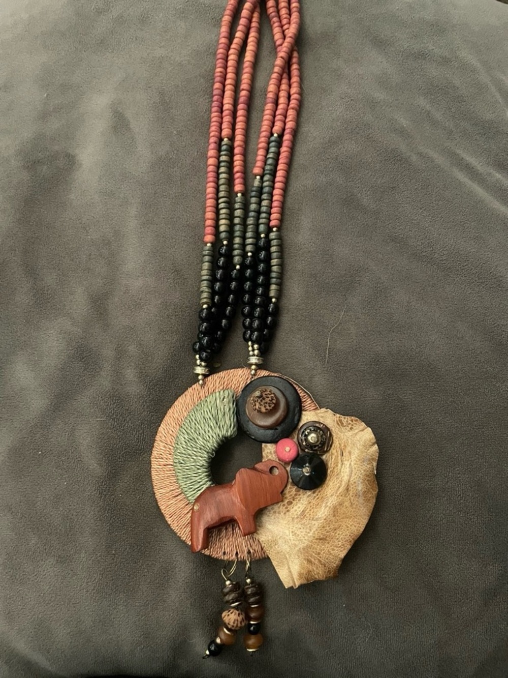 Handmade Beaded Statement Necklace with Coral and Black Accents